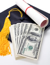 Image of mortarboard, dollar bills, and diploma